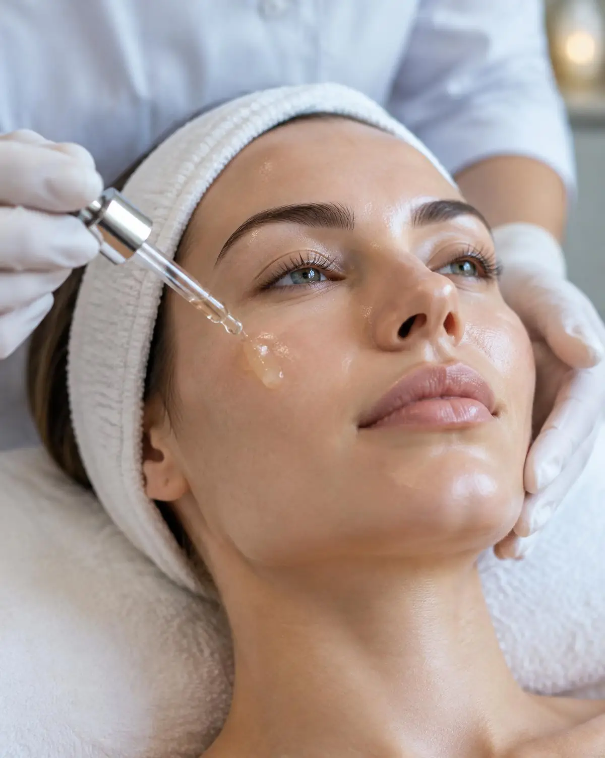 Esthetician applying a treatment serum to a client's face during a corrective skincare facial