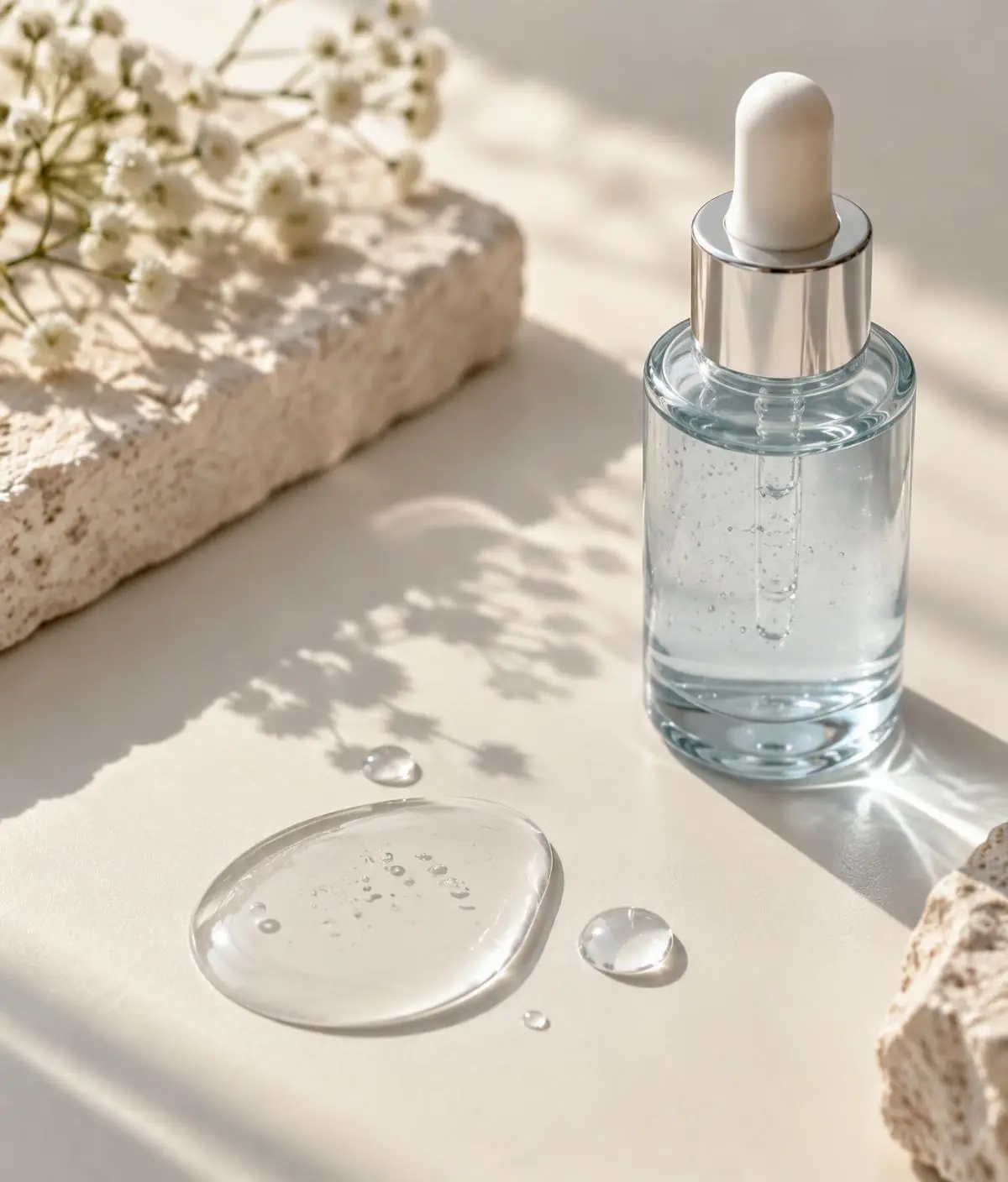 Pale blue serum bottle and a droplet of hydrating gel on a warm ivory surface